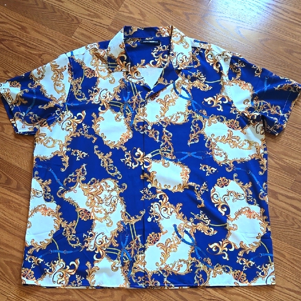 Men's Fashion Nova Blue & Gold Button Down Shirt